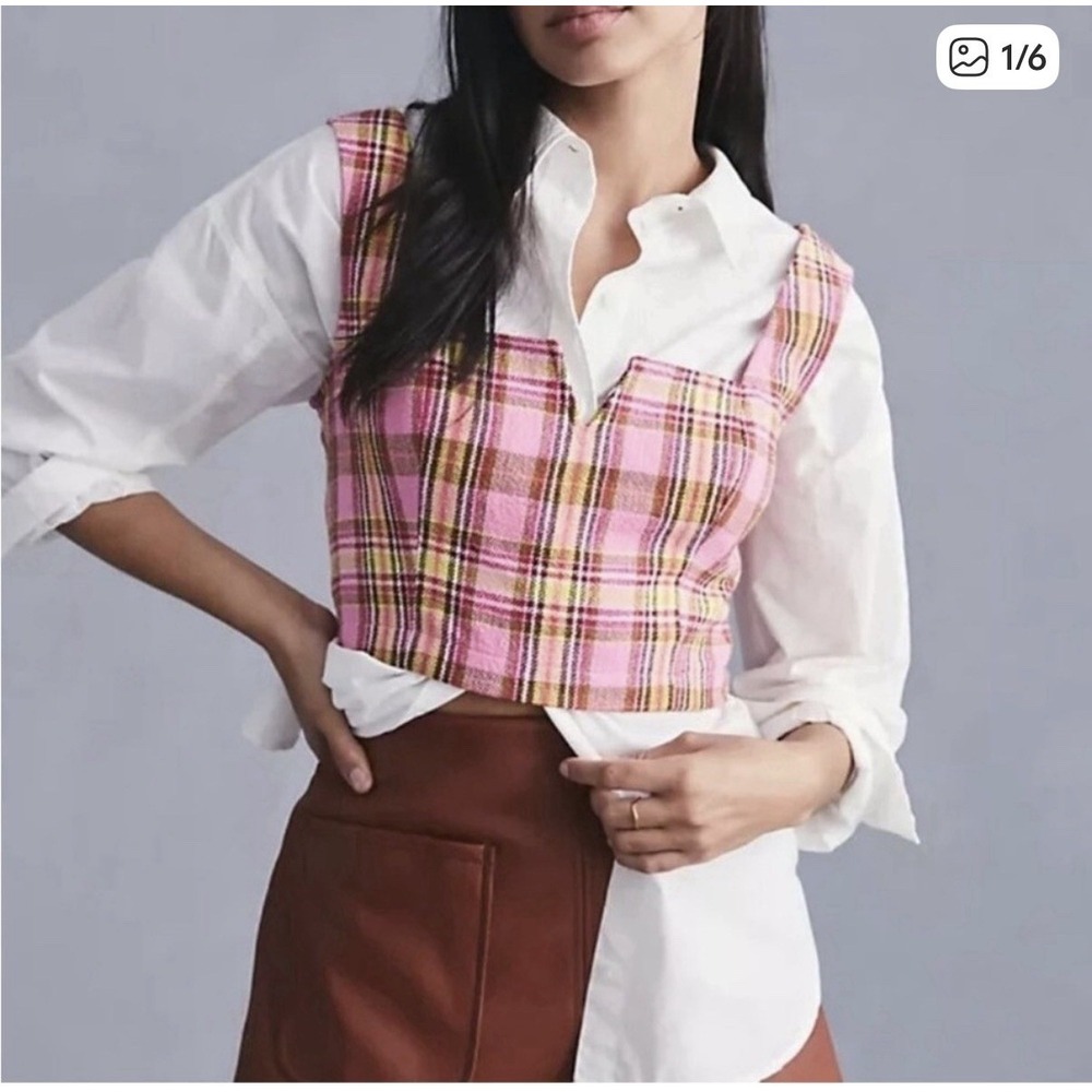 Maeve Crop Top Women 6 Pink Excellent Plaid Notched Neck Corset Zipper Back